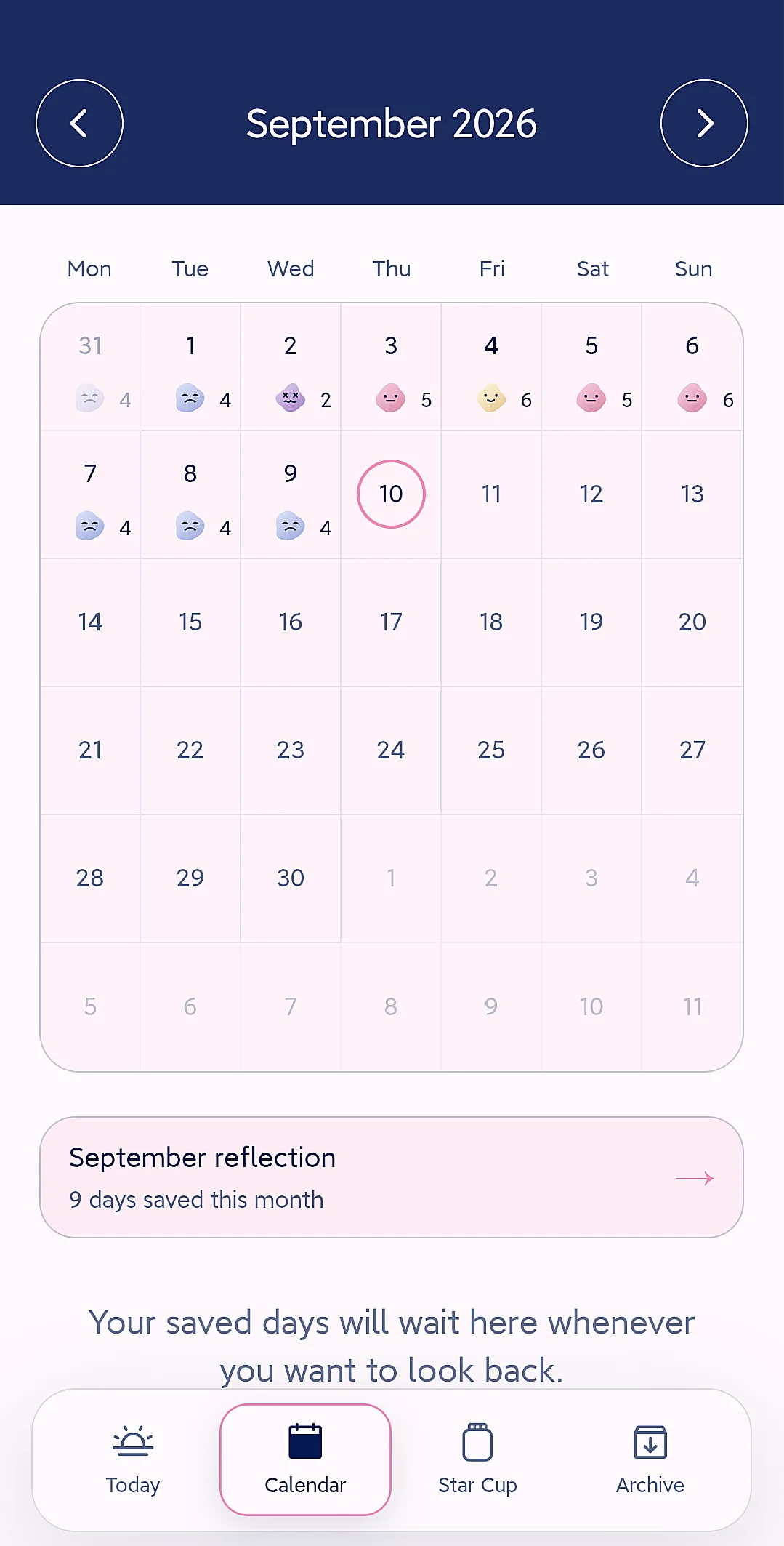 Mood Calendar 最新示例界面，使用虚构的示例记录